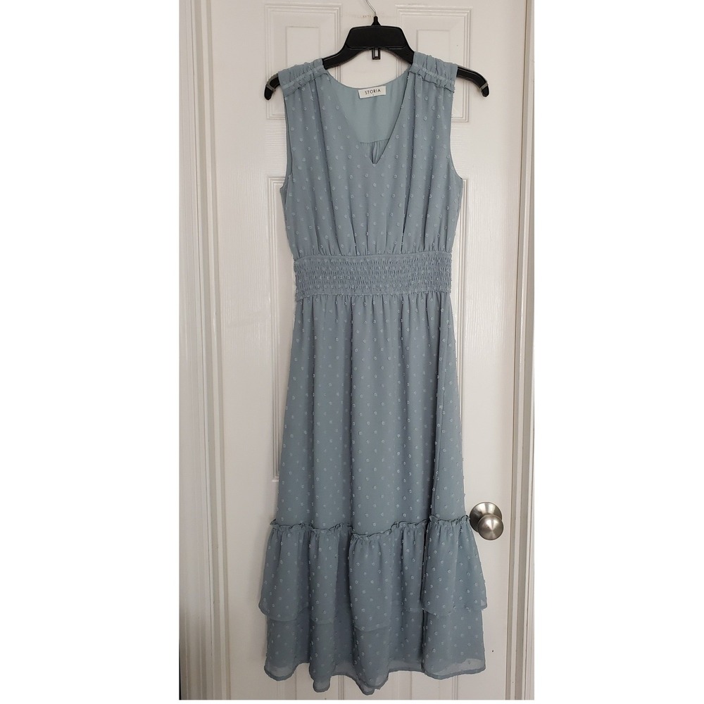 Storia Midi Dress Blue Swiss Dot Smocked Waist Tiered Ruffle Hem Small